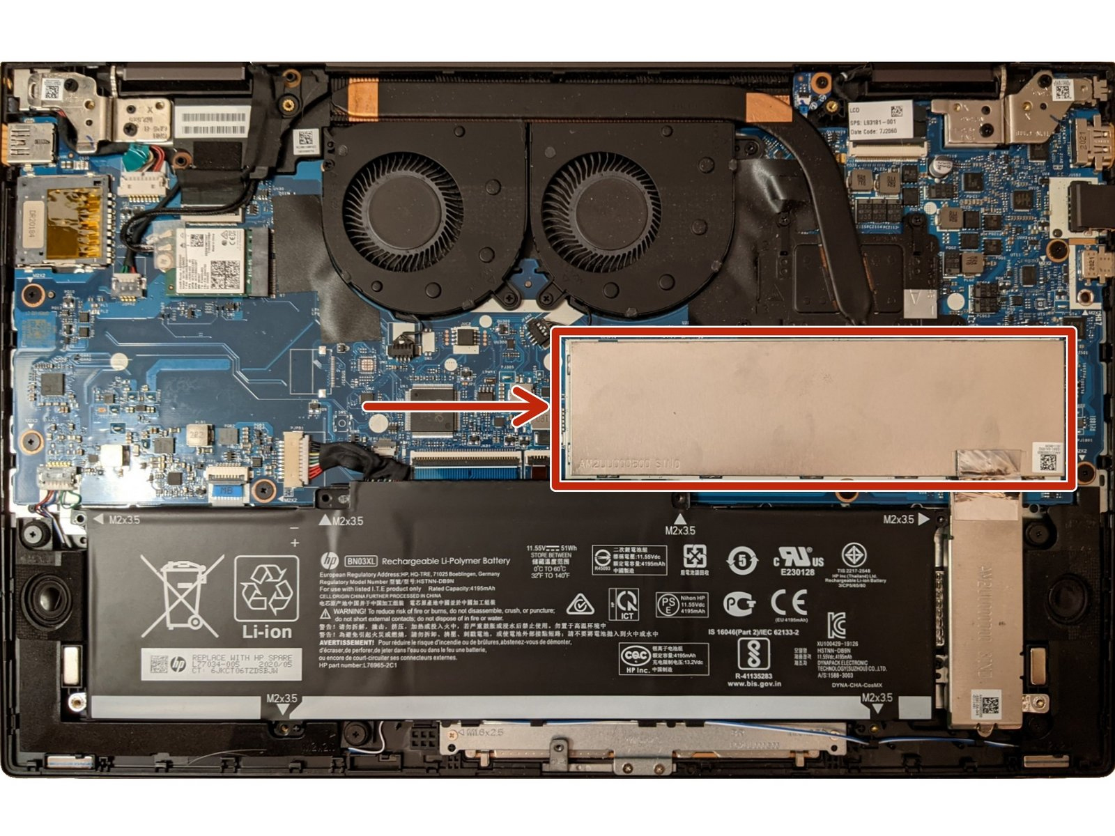 Internal Photo of HP ENVY X360 15-ED, 15-EE, TPN-C149, backlit US keyboard palmrest brown Discrete graphics (HP ENVY x360 15-ee)